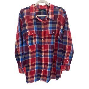 Lauren Ralph Lauren Button Front Shirt‎ Womens Plus 2X Red Blue Plaid Cotton